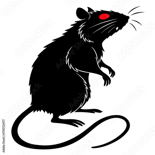 Black rat silhouette with red eyes isolated on white background