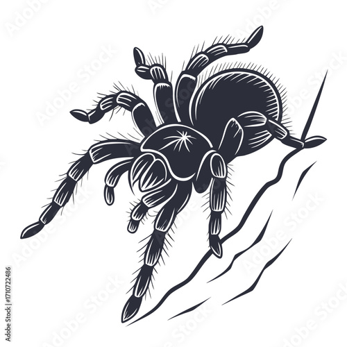 Tarantula spider silhouette climbing on a branch isolated on white background