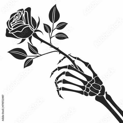 Skeleton hand holding a rose silhouette isolated on white background