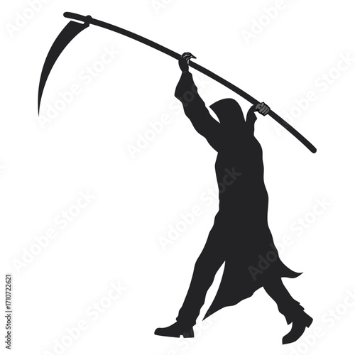 Grim reaper silhouette with scythe isolated on white background