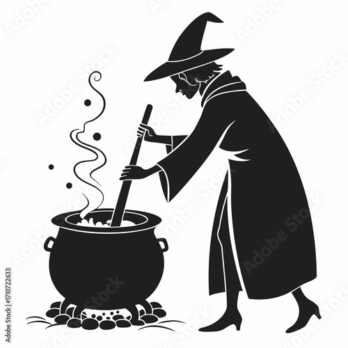 Witch stirring a cauldron silhouette isolated on white background