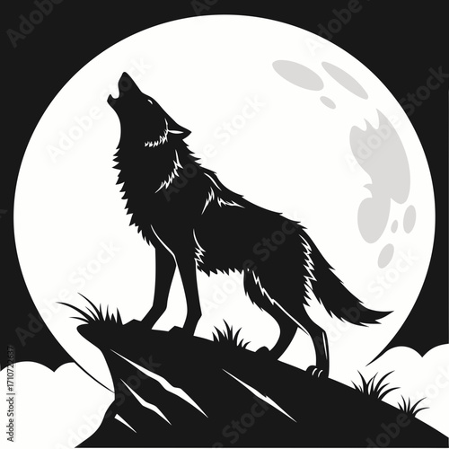 Wolf howling at the moon silhouette on a white background isolated on white background