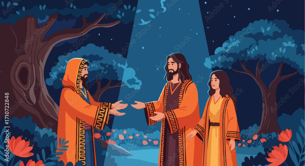 Fototapeta premium Three Biblical Figures in Tunics Conversing in an Enchanted Forest at Night