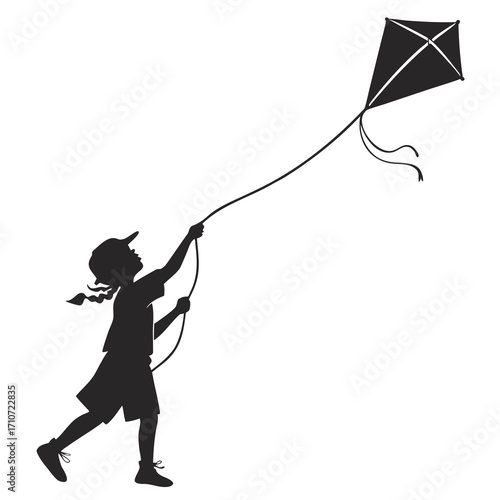 Girl flying a kite silhouette isolated on white background