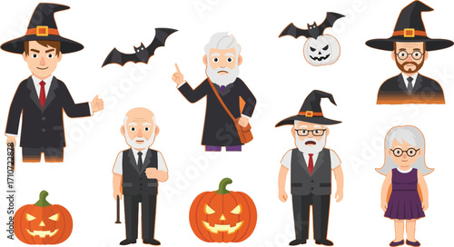 Halloween themed illustration with people in costumes and pumpkins on an orange background design