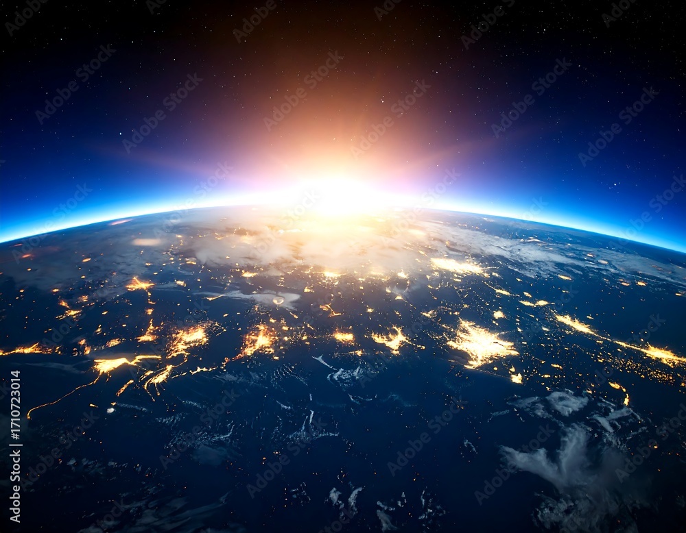 Fototapeta premium Earth at sunrise, city lights (1)