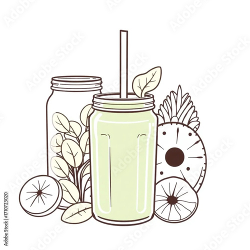 Fresh spinach and pineapple smoothie in mason jars