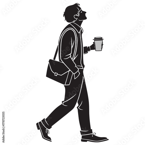 Man walking with coffee and briefcase silhouette isolated on white background