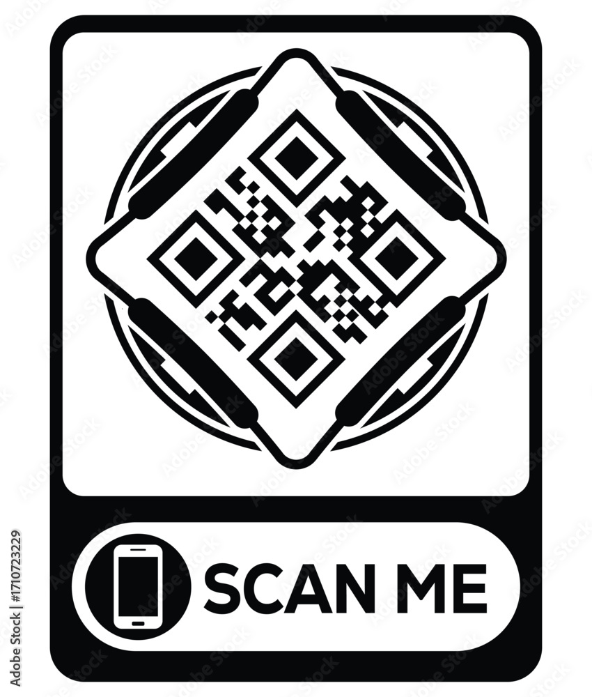 Naklejka premium Black and white QR code inside a rectangular frame with a phone icon and 