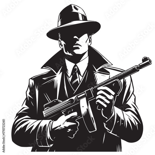 Gangster with gun illustration, vintage mafia man in hat, retro crime vector artwork