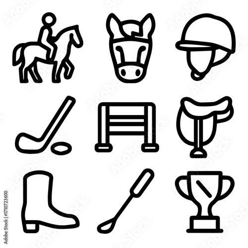 Equestrian Sport Outline Icons Horseback Riding Polo and Show Jumping Equipment.