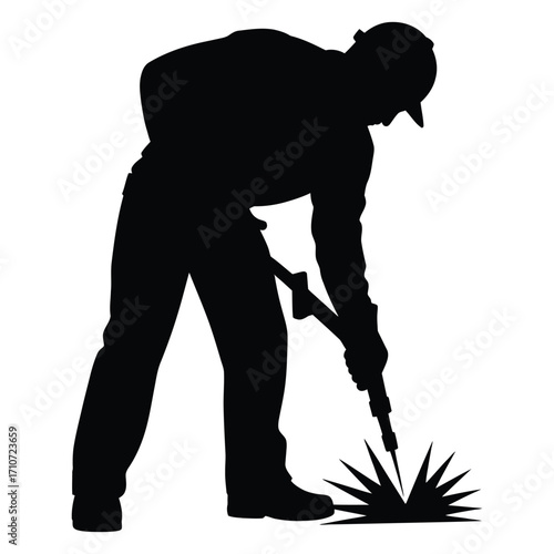 Worker silhouette cutting metal with blowtorch, industrial sparks and flame effect, construction job, vector isolated black and white