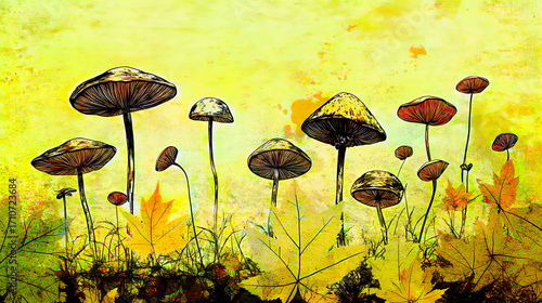 Artistic illustration of wild mushrooms with autumn leaves and earthy textures on a colorful natural background, combining fantasy forest atmosphere with botanical detail for seasonal design concepts