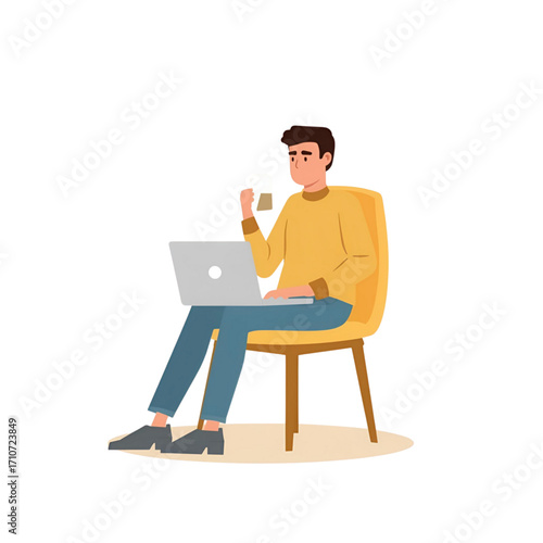 Man Working on Laptop at Home, Enjoying Coffee in Comfortable Chair