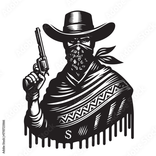 Gangster with gun illustration, vintage mafia man in hat, retro crime vector artwork