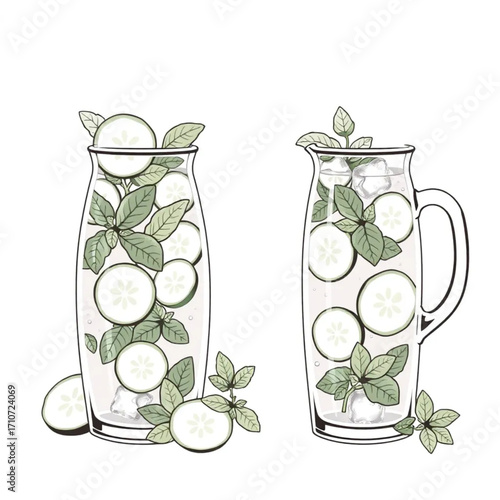 Fresh cucumber mint water in glass pitchers with ice