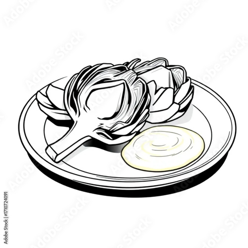 Steamed artichokes with lemon aioli on ceramic plate