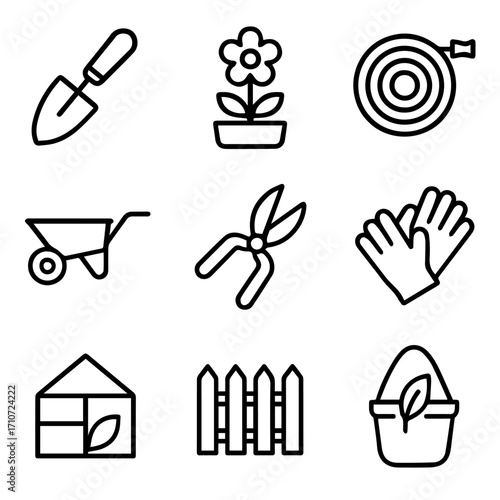 Gardening Icons Trowel Potted Flower Hose Wheelbarrow Shears Gloves Greenhouse Fence and Hanging Plant.