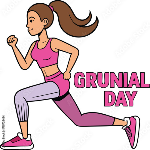 A woman in pink athletic wear running with text G R U N I A L D A Y leggings