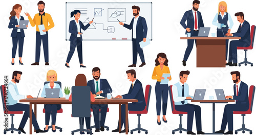 Illustration of business professionals in various office settings and collaborative work scenarios