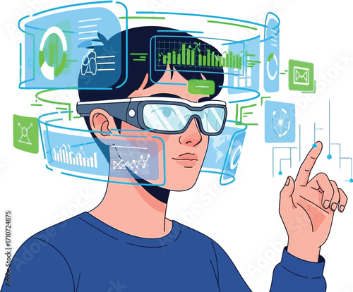 Man using augmented reality glasses with floating data interfaces and touching a virtual screen