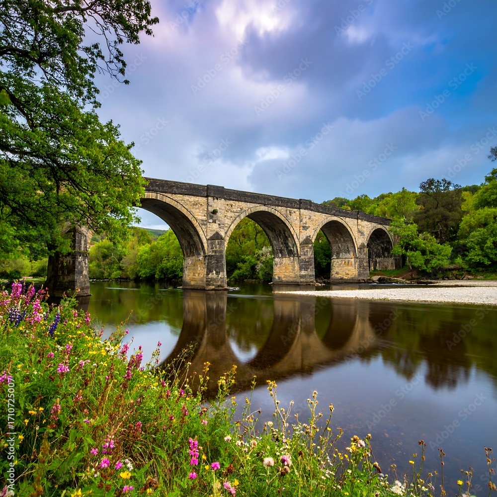 Fototapeta premium Stone bridge over a river, reflected in calm water