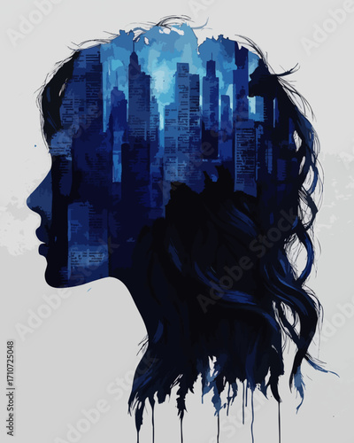 Artistic Double Exposure Silhouette of Woman’s Head with Urban Cityscape in Blue Watercolor, Imagination and Creativity Concept