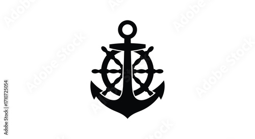 Simple black and white illustration of a nautical anchor with ship wheels