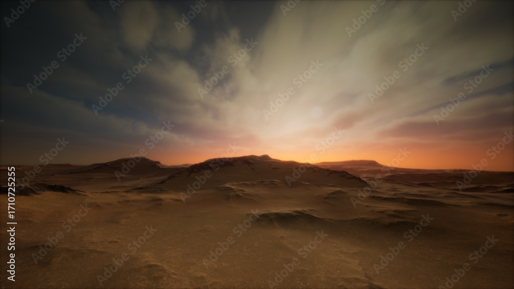 Fototapeta premium Vast desert stretches under a vibrant sky as the sun rises, casting enchanting light across the rugged terrain. Soft clouds and golden hues create a mesmerizing atmosphere at dawn.