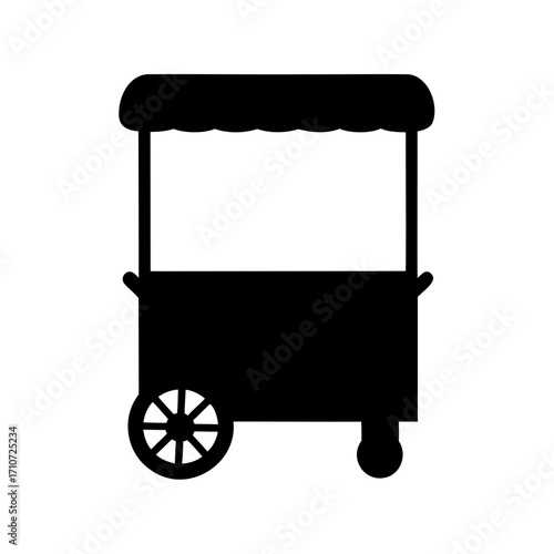 Simple black and white illustration of a vintage food cart or stall