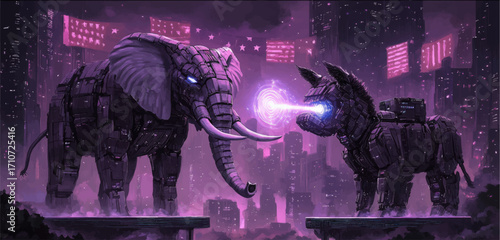 Futuristic Robotic Elephant vs Donkey Showdown, Neon City Nightscape, Symbolic American Political Art, Cyberpunk Style Illustration
