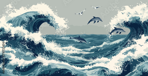 Dynamic Vector Illustration of Dolphins Jumping Amidst Powerful Ocean Waves with Seagulls and Splashes, Nautical Art