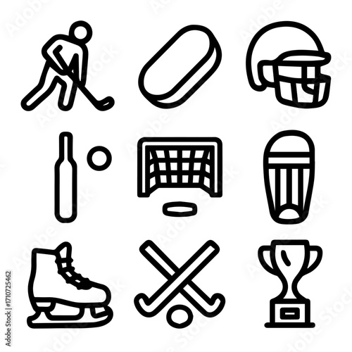 Hockey Equipment and Player Icons Puck Helmet Skates Sticks Net and Trophy.