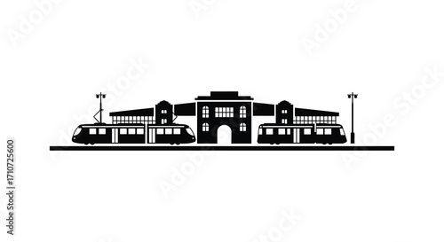 Black silhouette of a train station with two trains in front