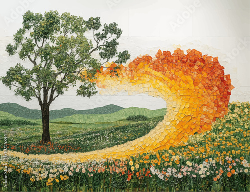 Vibrant Mosaic Art of Tree in Flower Field with Abstract Orange and Yellow Swirl, Nature Landscape Painting