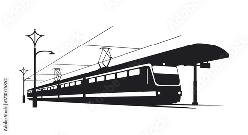A minimalist depiction of a modern tram at a station platform