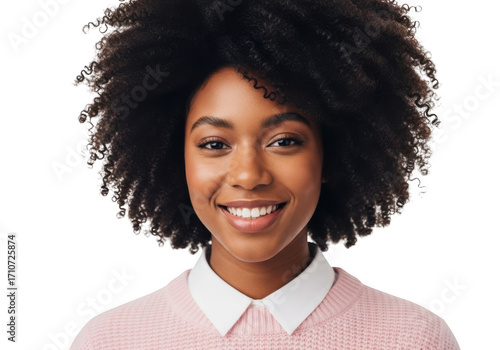 Smiling young woman with afro hair isolated on transparent background