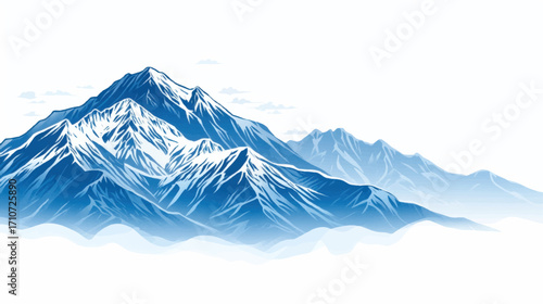 Majestic Blue Snow-Capped Mountain Range Illustration with Misty Peaks and White Sky Background for Nature and Adventure Themes
