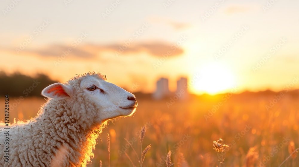 Obraz premium Sheep in Golden Sunset: A sheep, bathed in the golden light of the setting sun, stands serenely in a field of tall grass, evokes a sense of peace, freedom and idyllic rural life.