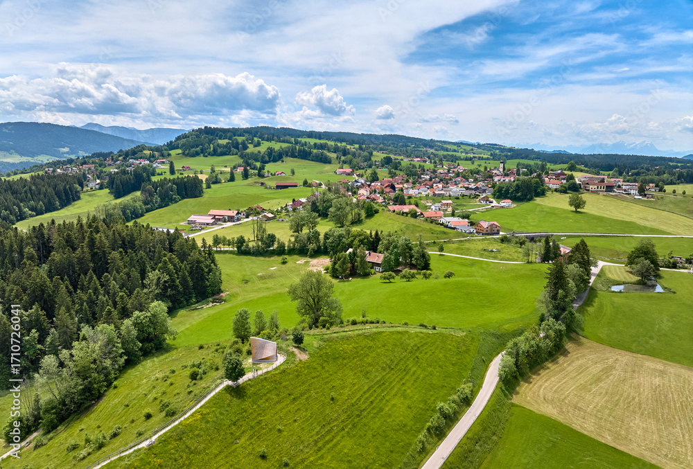 Fototapeta premium Aerial photo of the village of Oberreutte in the western Allgaeu in Bavaria, Germany