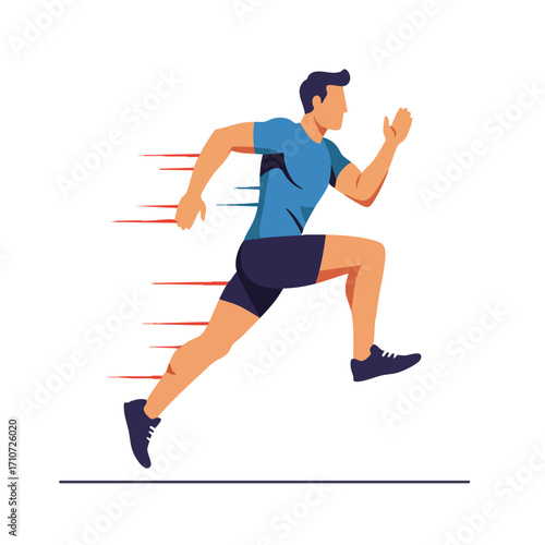 A dynamic illustration captures a determined male athlete sprinting forward with incredible speed, demonstrating agility, fitness, and the pursuit of a personal best.