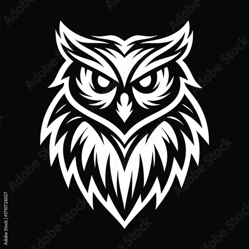 Stylized white owl portrait with piercing gaze on a dark background