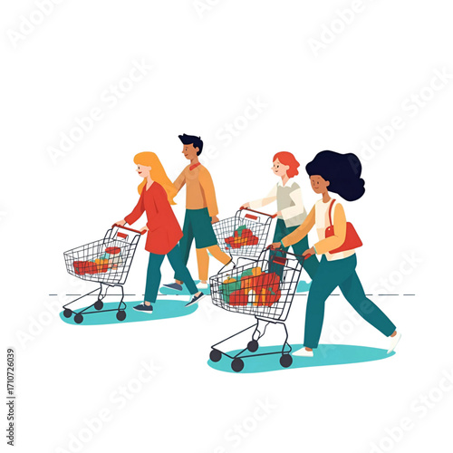 Diverse group of shoppers pushing full grocery carts down an aisle in a supermarket