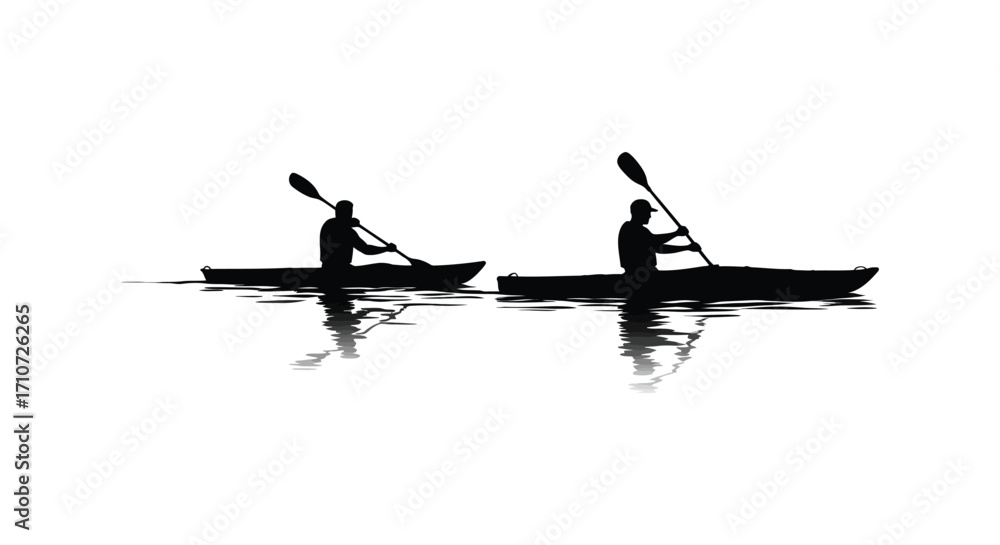 Naklejka premium Silhouettes of two kayakers paddling peacefully on calm water surface