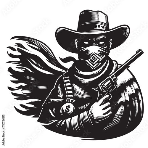 Gangster with gun illustration, vintage mafia man in hat, retro crime vector artwork