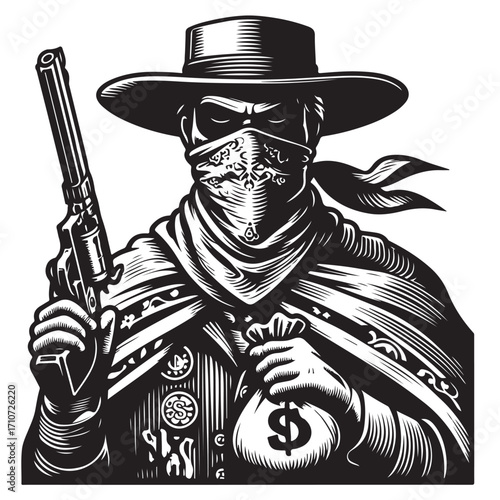 Gangster with gun illustration, vintage mafia man in hat, retro crime vector artwork