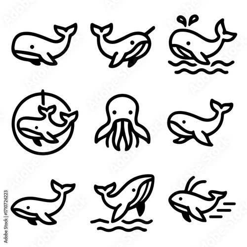 Marine Life Icons Stylized Whale and Octopus Illustrations in Black Outline.