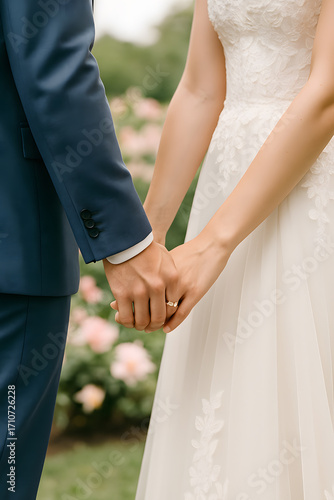 Bride and groom holding hands in wedding ceremony