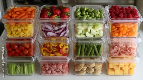Freshly Prepared Fruits and Vegetables in Clear Plastic Containers Stacked for Healthy Eating and Meal Prep Close Up