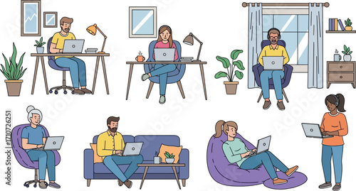 People working from home in various locations with laptops and comfortable seating arrangements shown